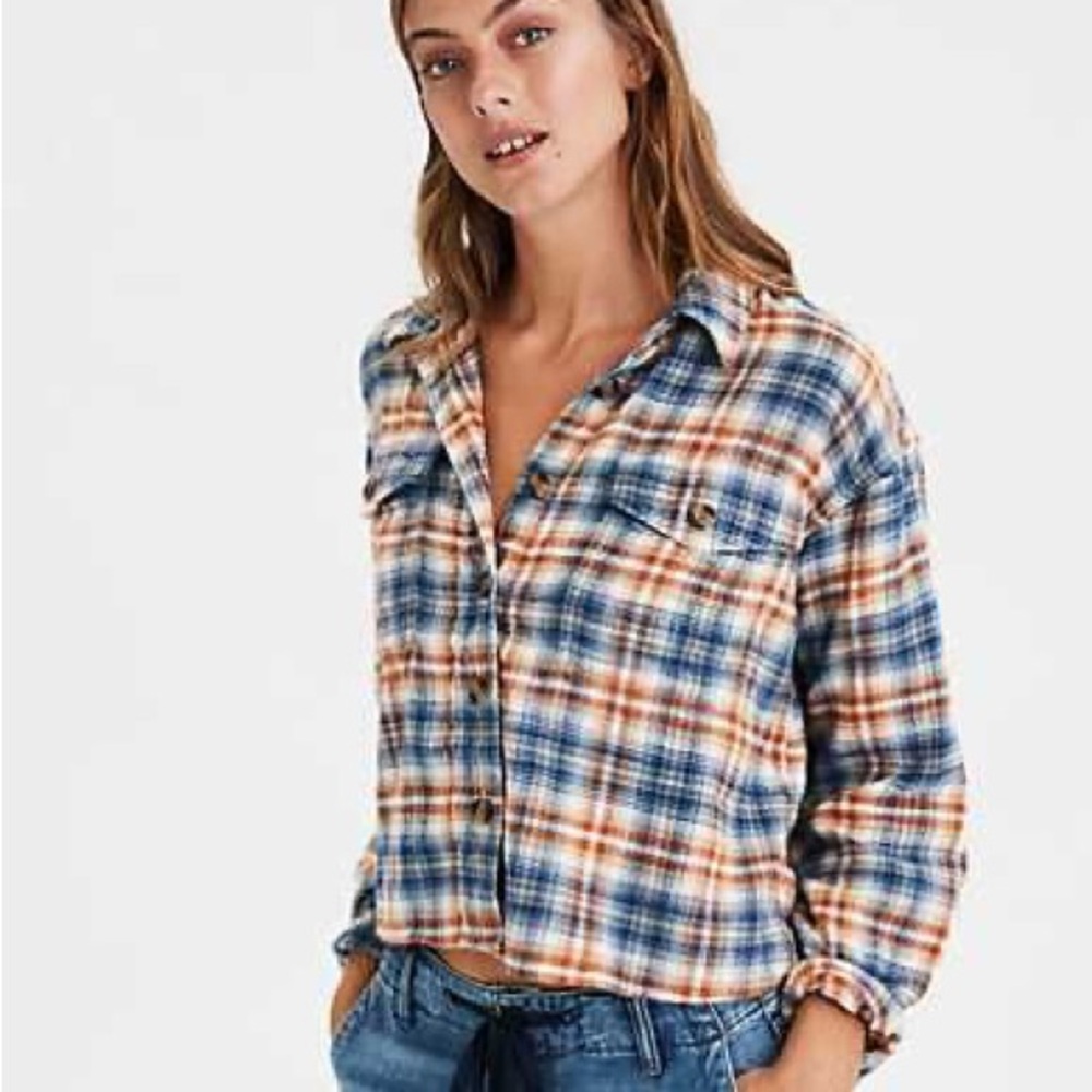 American Eagle Outfitters Blue and Orange Plaid Button Down Shirt